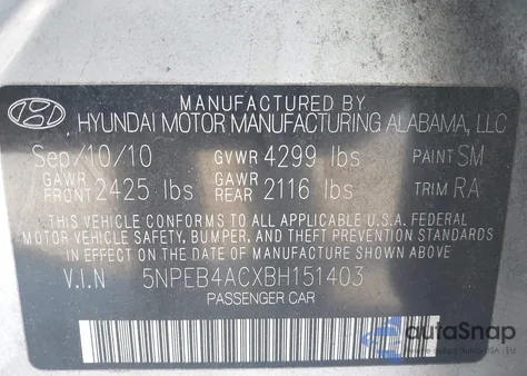 2011 Hyundai Sonata Gls z USA, uszkodzony, nr VIN 5NPEB4ACXBH151403